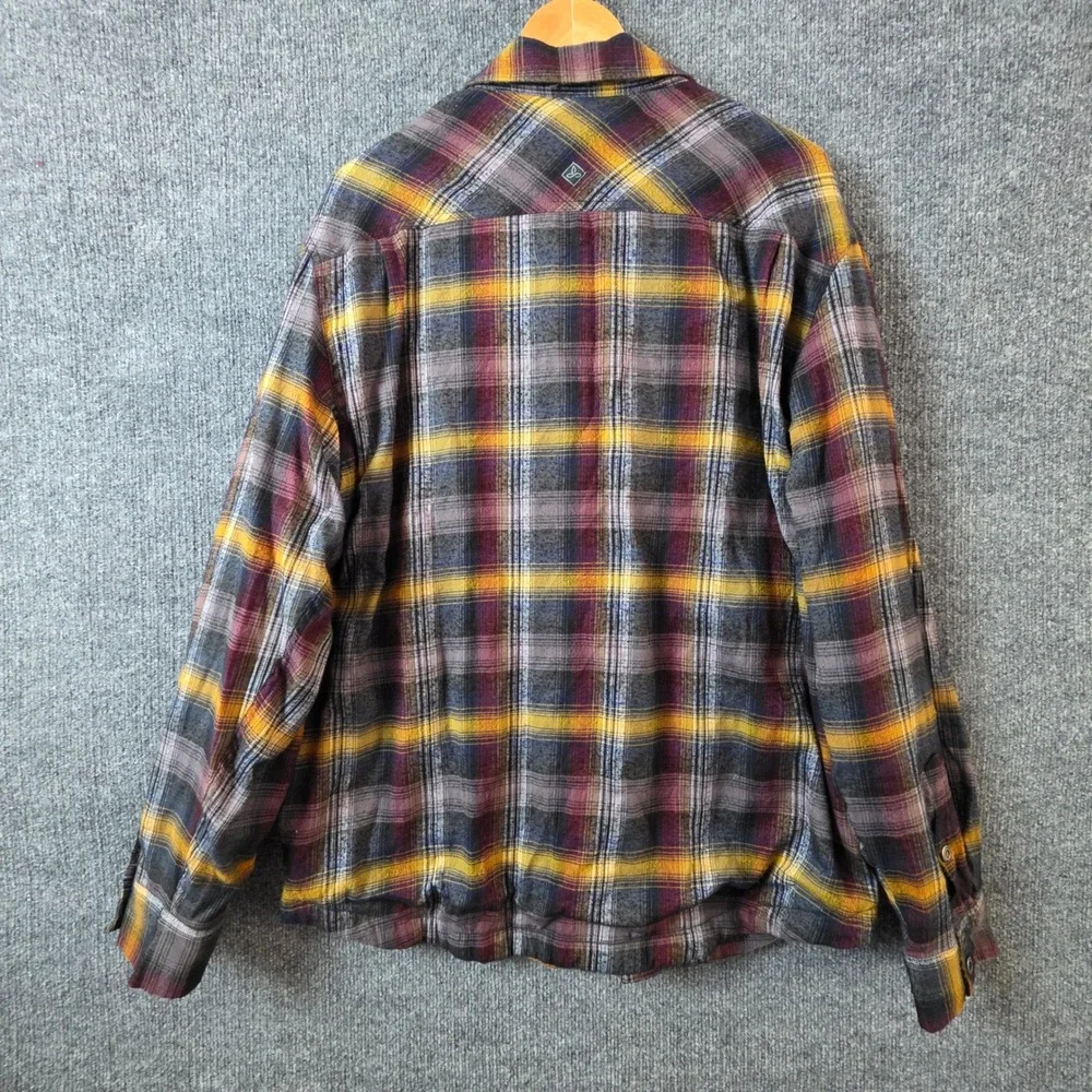 Prana Mens XL Plaid Flannel Shirt Jacket Thermal Lined Snap Front Purple Yellow